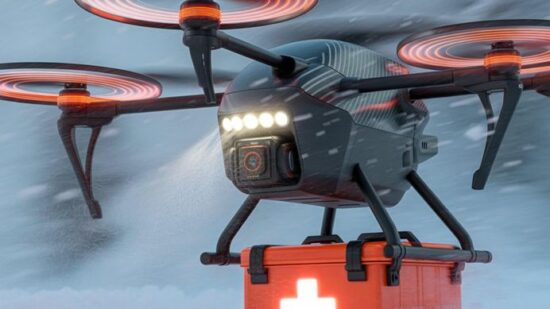 315285201 - drone with first aid kit in the snow. 3d illustration.