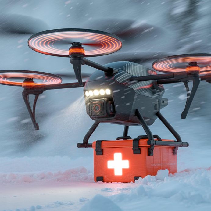 315285201 - drone with first aid kit in the snow. 3d illustration.